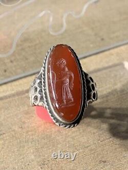 Ancienne Bague Afghane, XIX-XX, Argent Massif, Agate, Intaille Homme