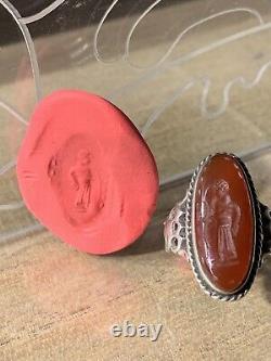 Ancienne Bague Afghane, XIX-XX, Argent Massif, Agate, Intaille Homme