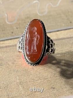 Ancienne Bague Afghane, XIX-XX, Argent Massif, Agate, Intaille Homme