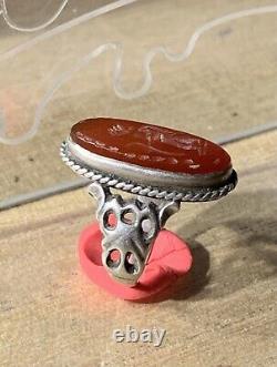 Ancienne Bague Afghane, XIX-XX, Argent Massif, Agate, Intaille Homme