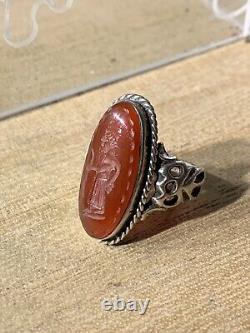 Ancienne Bague Afghane, XIX-XX, Argent Massif, Agate, Intaille Homme