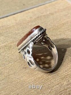 Ancienne Bague Afghane, XIX-XX, Argent Massif, Agate, Intaille Homme