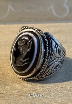 Ancienne Bague Afghane XIX-XXsiècle, Argent Massif, Intaille Agate Cheval