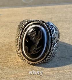 Ancienne Bague Afghane XIX-XXsiècle, Argent Massif, Intaille Agate Cheval