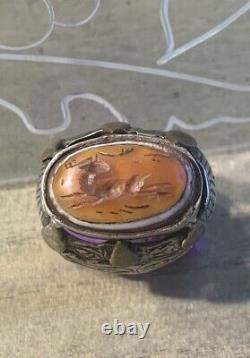 Ancienne Bague Afghane XIX-XXsiècle, Argent Massif, Intaille Agate Gazelle