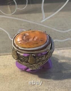 Ancienne Bague Afghane XIX-XXsiècle, Argent Massif, Intaille Agate Gazelle