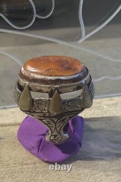 Ancienne Bague Afghane XIX-XXsiècle, Argent Massif, Intaille Agate Gazelle