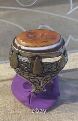Ancienne Bague Afghane XIX-XXsiècle, Argent Massif, Intaille Agate Gazelle