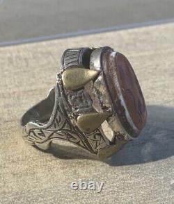 Ancienne Bague Afghane XIX-XXsiècle, Argent Massif, Intaille Agate Gazelle