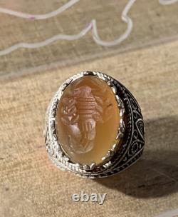 Ancienne Bague Afghane, XX, Argent Massif, Cornaline, Intaille Scorpion