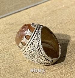 Ancienne Bague Afghane, XX, Argent Massif, Cornaline, Intaille Scorpion