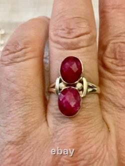 Ancienne Bague Argent Massif Ajourée 2 Pierres Rubis Véritables Unique