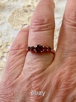 Ancienne Bague Argent Massif Et Or Rose 5 Grenats Véritables Poinçon