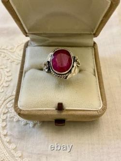 Ancienne Bague Argent Massif Ouvragée Sculpté Véritable Rubis Imposant