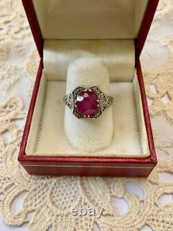 Ancienne Bague Argent Massif Ouvragée Véritable Rubis Imposant