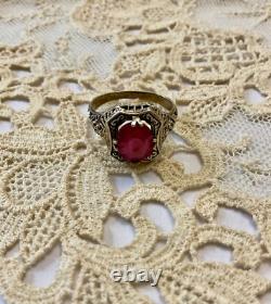 Ancienne Bague Argent Massif Ouvragée Véritable Rubis Imposant