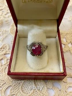 Ancienne Bague Argent Massif Ouvragée Véritable Rubis Imposant