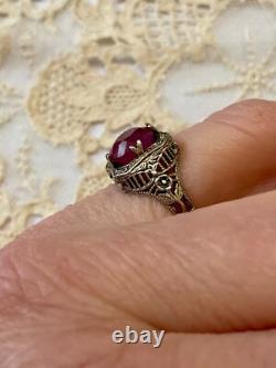 Ancienne Bague Argent Massif Ouvragée Véritable Rubis Imposant