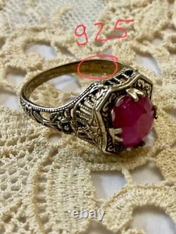 Ancienne Bague Argent Massif Ouvragée Véritable Rubis Imposant