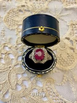 Ancienne Bague Argent Massif Ouvragée Véritable Rubis Imposant