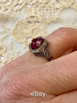 Ancienne Bague Argent Massif Ouvragée Véritable Rubis Imposant