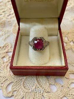Ancienne Bague Argent Massif Ouvragée Véritable Rubis Imposant