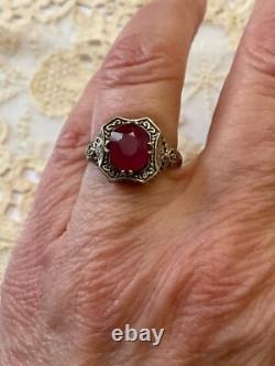 Ancienne Bague Argent Massif Ouvragée Véritable Rubis Imposant