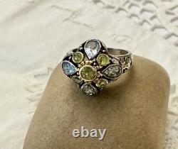 Ancienne Bague Argent Vermeil Topaze Bleue Et Péridot Victorien
