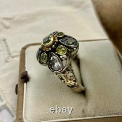 Ancienne Bague Argent Vermeil Topaze Bleue Et Péridot Victorien