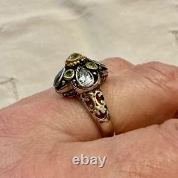 Ancienne Bague Argent Vermeil Topaze Bleue Et Péridot Victorien