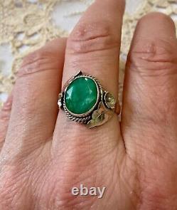 Ancienne Bague Art Deco Argent Massif Cabochon Emeraude Véritable