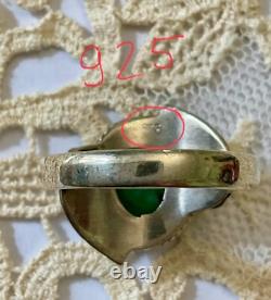 Ancienne Bague Art Deco Argent Massif Cabochon Emeraude Véritable
