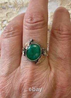 Ancienne Bague Art Deco Argent Massif Cabochon Emeraude Véritable