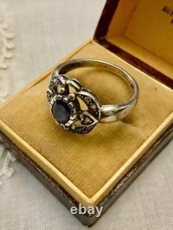 Ancienne Bague Beau Saphir, Topaze Blanche Et Argent Massif