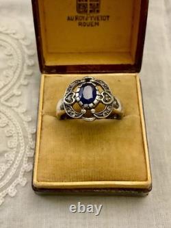 Ancienne Bague Beau Saphir, Topaze Blanche Et Argent Massif