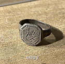 Ancienne Bague Byzantine, Argent Massif, I200 Siècle ap JC, Gravée Oiseau