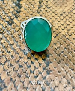 Ancienne Bague Ciselures Argent Massif Ouvragé Véritable Jade Imposante
