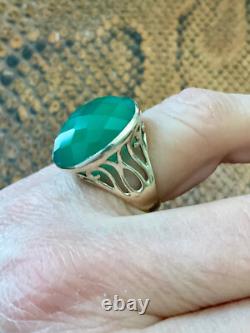 Ancienne Bague Ciselures Argent Massif Ouvragé Véritable Jade Imposante