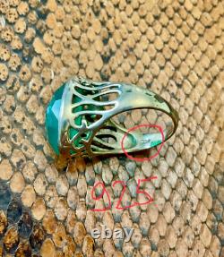 Ancienne Bague Ciselures Argent Massif Ouvragé Véritable Jade Imposante