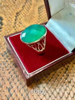 Ancienne Bague Ciselures Argent Massif Ouvragé Véritable Jade Imposante