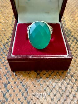 Ancienne Bague Ciselures Argent Massif Ouvragé Véritable Jade Imposante