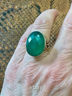 Ancienne Bague Ciselures Argent Massif Ouvragé Véritable Jade Imposante