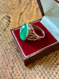 Ancienne Bague Ciselures Argent Massif Ouvragé Véritable Jade Imposante