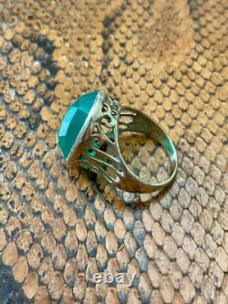 Ancienne Bague Ciselures Argent Massif Ouvragé Véritable Jade Imposante