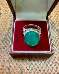 Ancienne Bague Ciselures Argent Massif Ouvragé Véritable Jade Imposante