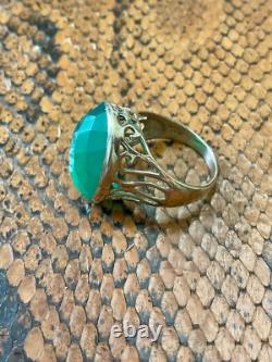Ancienne Bague Ciselures Argent Massif Ouvragé Véritable Jade Imposante