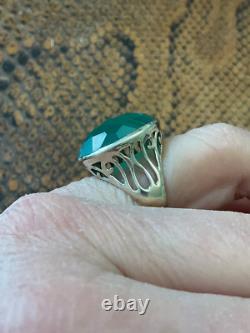 Ancienne Bague Ciselures Argent Massif Ouvragé Véritable Jade Imposante