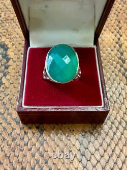 Ancienne Bague Ciselures Argent Massif Ouvragé Véritable Jade Imposante