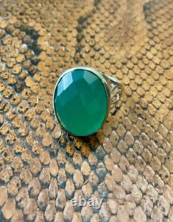 Ancienne Bague Ciselures Argent Massif Ouvragé Véritable Jade Imposante
