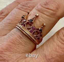 Ancienne Bague Couronne Belle Tourmaline Saphir Argent Massif /or Rose Vermeil